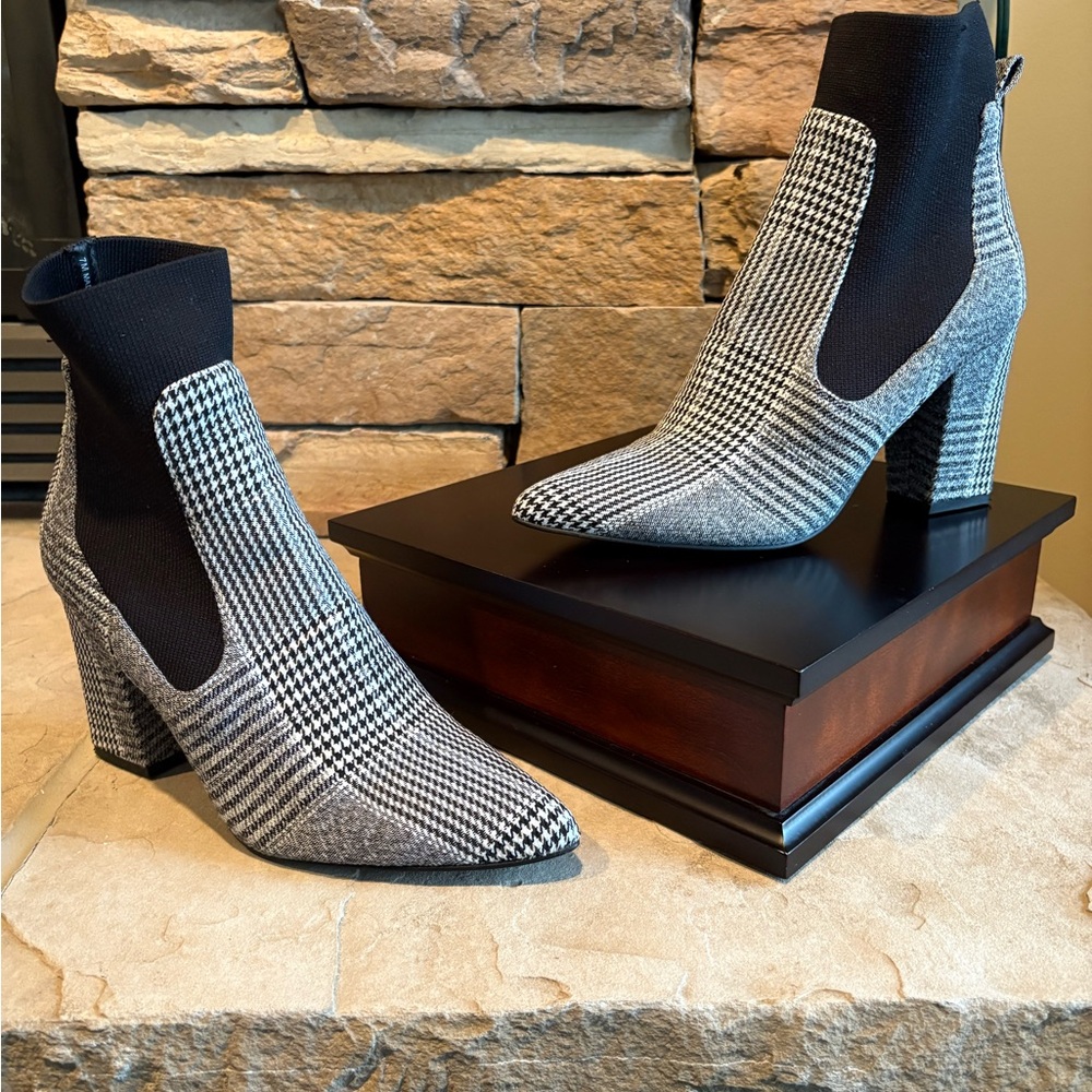 Steve Madden Black and Gray Plaid Heeled Boots